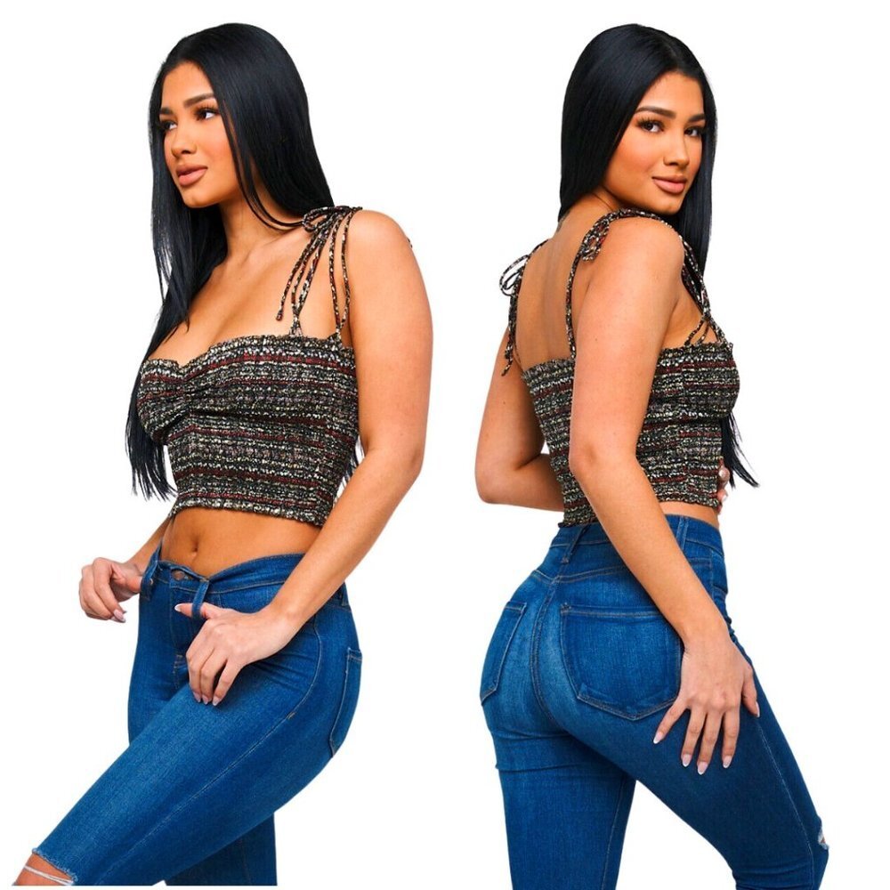 NWT Strap Smock Crop Top Black Red White Print Spaghetti  Shirt with Tie Straps